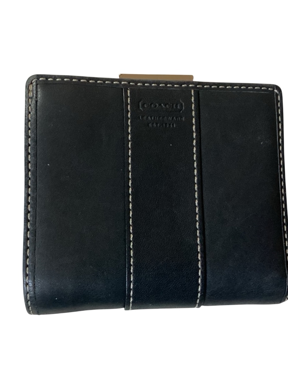 Coach  Vintage Y2K Black Leather Compact Bifold Wallet White Stitching